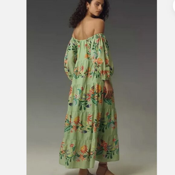Farm Rio Anthropologie L NWT Off-The-Shoulder Tiered Floral Midi Dress Large - Picture 3 of 7